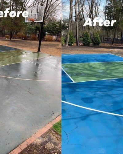 before and after basketball court cleaning