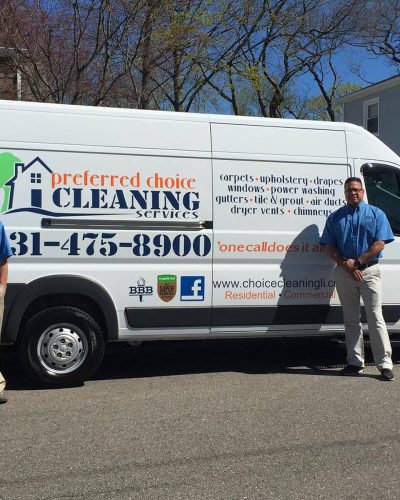 Preferred Choice Cleaning Services professionals standing next to work van